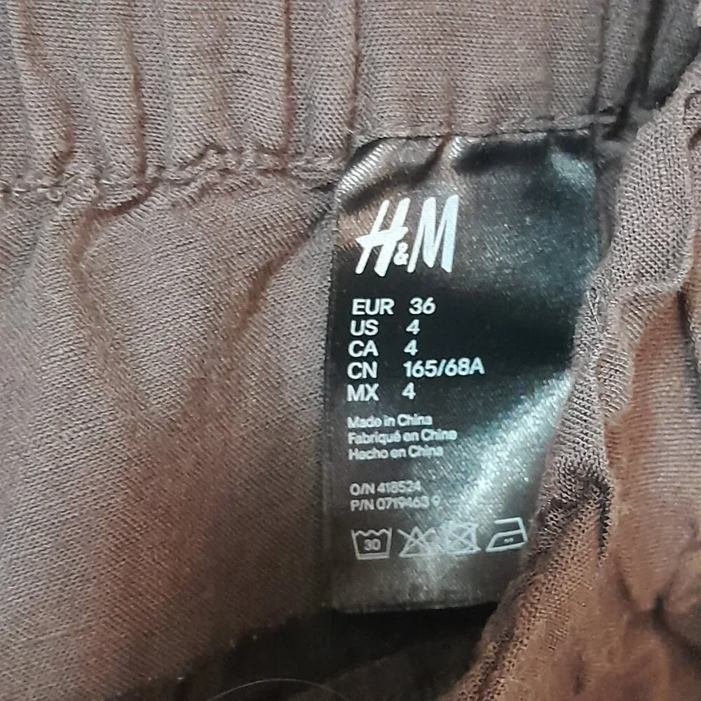 H&M Paper Bag Waist Straight Leg Linen Blend Brown Pants Size 4